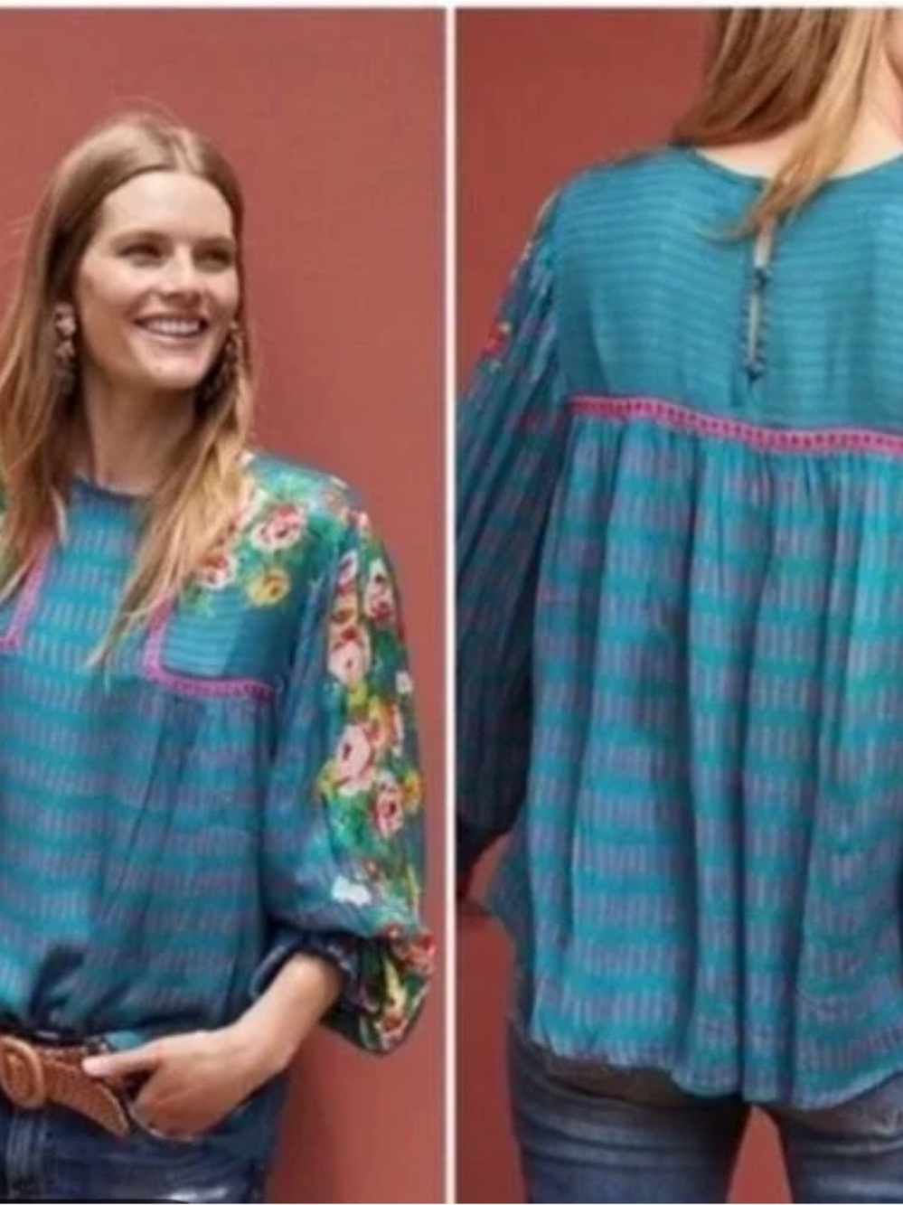 Anthropologie Blank NY Teal Floral Balloon-Sleeve Peasant Top S